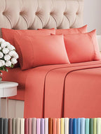 Queen Sheets Set 6 Piece - Includes 4 Pillowcases - Bed Sheets Queen Size - Soft Hotel Luxury Bedding - Cooling, Comfy, Cozy & Breathable - 1 Flat & 1 Fitted & 4 Pillowcases w/ Deep Pockets - Coral