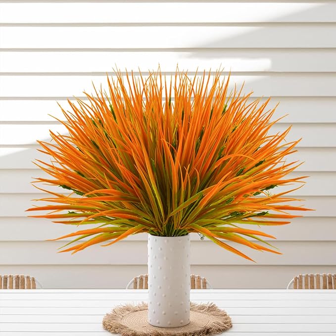 Krissing 40 Bundles Artificial Fall Grass Plant Outdoor UV Resistant Fake Faux Grass Outdoor Fall Faux Plants Greenery Shrubs for Home Garden Porch Outside Fall Decor