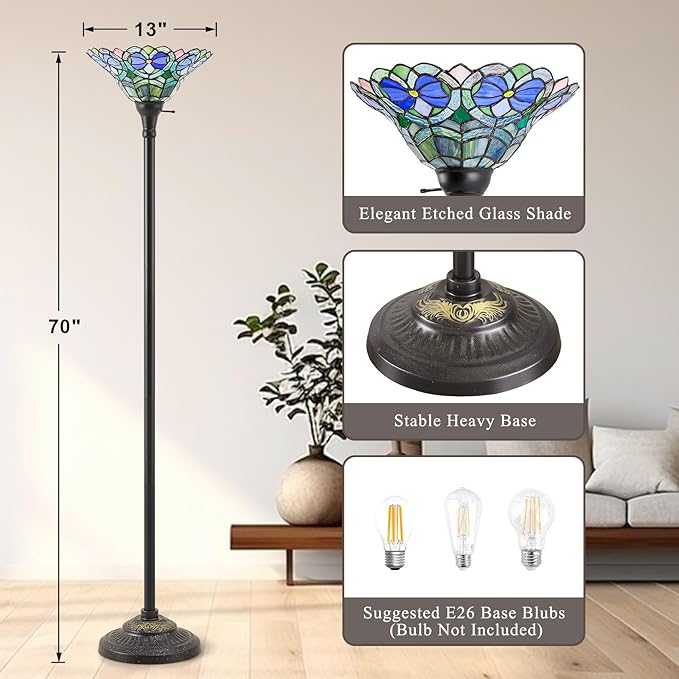 Luvkczc Tiffany Torchiere Floor Lamp - 70" Victorian Stained Glass Lamp Antique Tiffany Style Standing Light for Home,Office,Hotel Decor