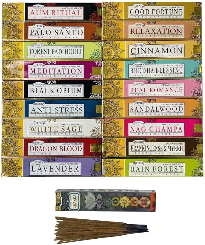 Deepika 12 Pack Assorted Pack 15 Gram x 12 Packs (180 Sticks) for Meditation, Aromatherapy, Healing and Yoga