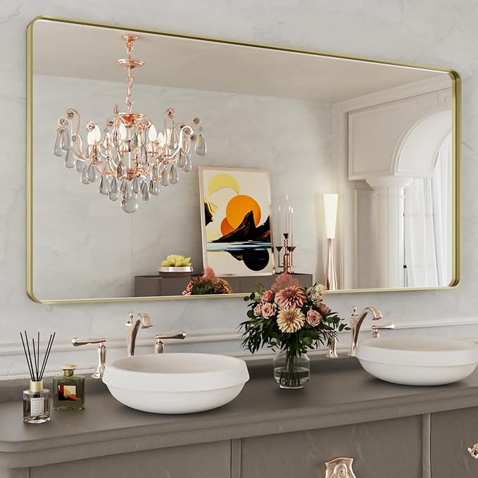 WEER Gold Bathroom Mirror, 60X36 Inch Brushed Gold Metal Frame Mirror, Rounded Rectangle Gold Bathroom Vanity Mirror for Wall, Tempered Glass, Anti-Rust, Hangs Horizontally or Vertically