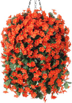 Artificial Fake Fall Hanging Flowers Plants Baskets for Autumn Outdoor Outside, Faux Silk Orange Orchid in Planter UV Resistant for Home Porch Garden Yard Patio Decor