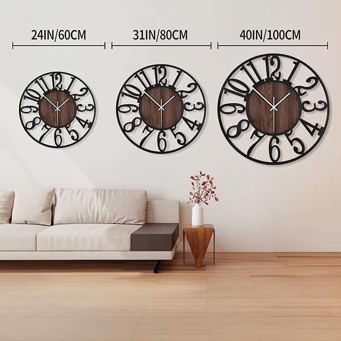 1st owned 40" Large Display Wall Clock for Home Decor - Silent,Battery Operated,Black Metal, Modern, Rustic Wood Clocks for Living Room,Farmhouse,Dining Room,Bedroom,Shop Wall Decor- Arabic Numerals