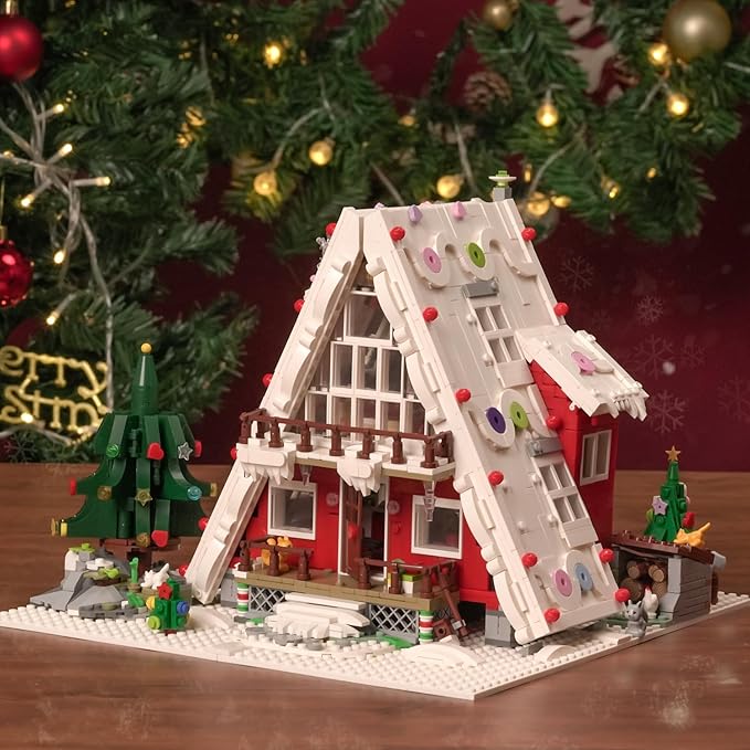 Art Log House Building Block Set With LED Lights, 2159 Pieces Christmas Toy Set, Scene With Santa Claus, Tree, Deer, for Adults, Boys and Girls