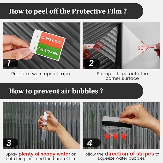 Beautyhero Window Privacy Film, Frosted Reeded Glass Cling, 3D Decorative Coverings with UV Blocking, Adhesive Stickers for Bathroom Doors Cabinet