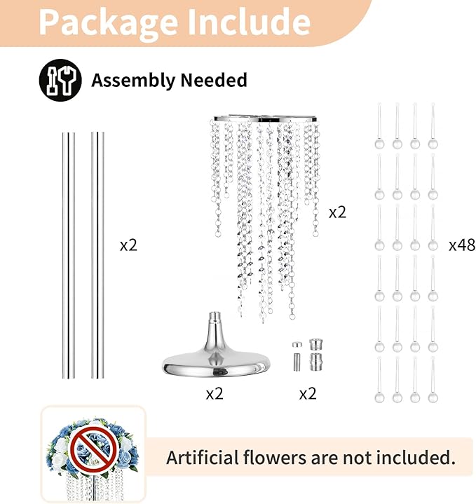 NUPTIO Silver Crystal Wedding Centerpieces - 2 Pcs 21.7in Tall Flower Vases for Party Tables Decorations