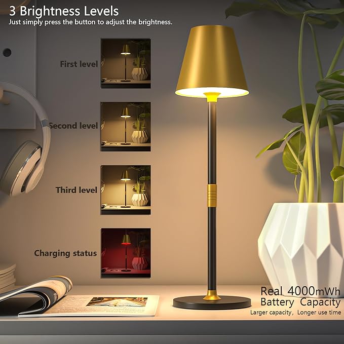 Modern LED CordlessTable Lamp,4000mAh Rechargeable Battery Desk lamp,3 Level Brightness Kitchen Light, Portable,Minimalist Design, for Couple Dinner/Coffee Table/Restaurant/Bedroom(Gold&Black 2pack)