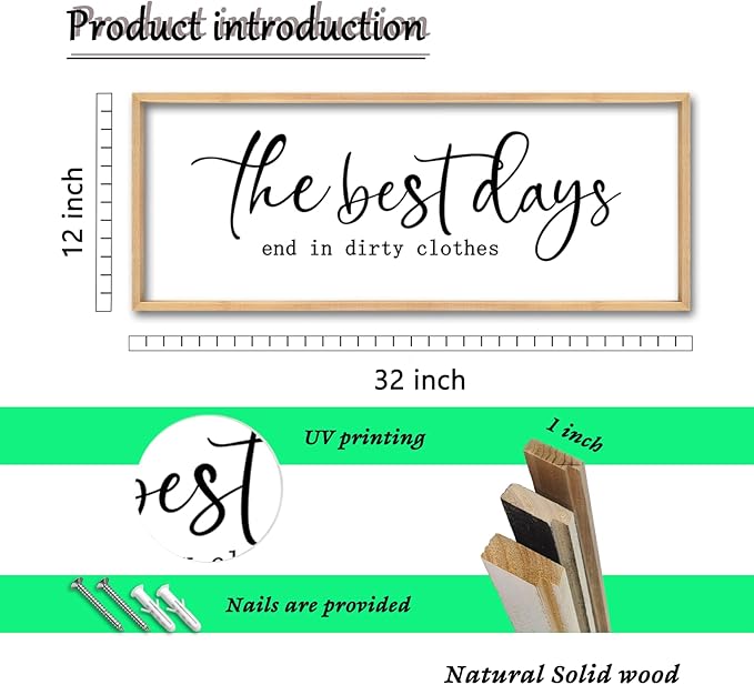 The Best Days End In Dirtiest Clothes Wall Decor 32"x12" Large Laundry Room Bathroom Funny Wood Framed Sign wall Hanging Art (Wood)