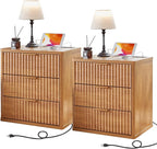 LEYAOYAO Fluted Nightstand Set of 2 with Charging Station,23" Modern Nightstand with Woodgrain Top, 3 Drawer End Table w/Storage, BedsideTables for Bedroom, Living Room, Curved Profile,Brown
