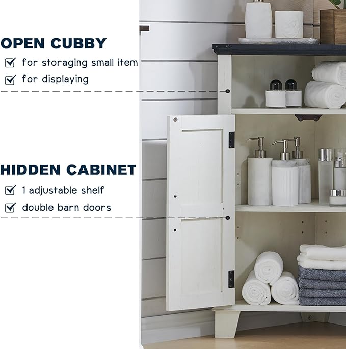 Corner Bathroom Cabinet, Farmhouse Small Corner Cabinet with Barn Door & Adjustable Shelf, Storage Cabinets for Bathroom, Kitchen, Living Room, Off White