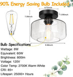 Industrial Semi Flush Mount Ceiling Light, 800 Lumen LED Bulb Included, Seeded Glass Shade Farmhouse Light Fixture for Hallway Corridor Kitchen Bathroom Bedroom Passway