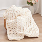 Chunky Knit Throw Blanket, 60''*80'' Knitted Throw Chenille Yarn for Bed Couch, Handmade Cream Crochet Big Thick Blanket, Machine Washable Cute Comfy Blanket for Home Decor