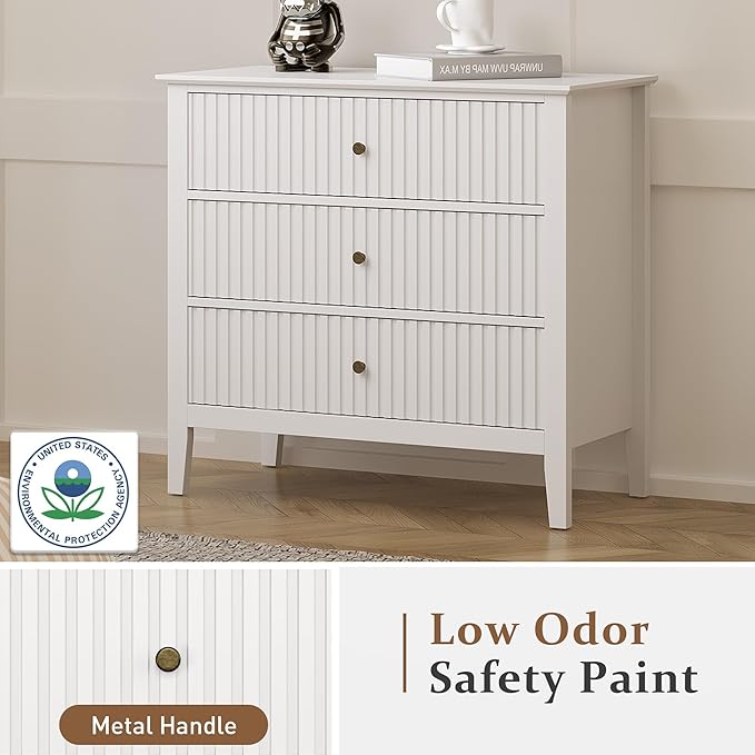 Large White 3 Drawer Dresser, Painted 30 Inch Tall Wood Nightstand with Storage, Wide Modern Chest of Drawers with Ball Bearing Slide for Bedroom Hallway Living Room Entryway Office