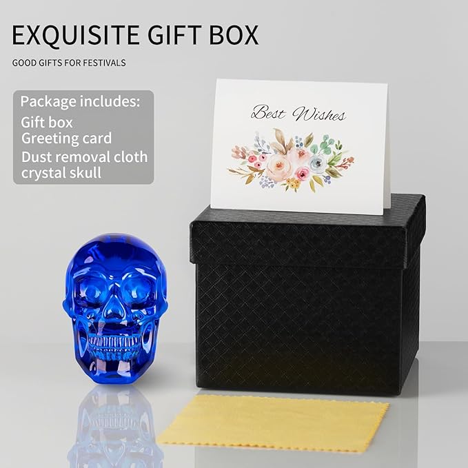 Crystal Halloween Skull Skeleton Decor, Blue Glass Skull Gifts for Men Home Decorations with Gift Box, Art Glass Day of The Dead Skull Halloween Paperweights Collectibles (Blue)