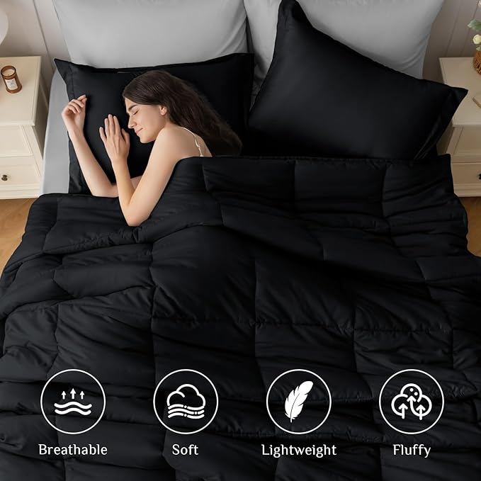 JOLLYVOGUE Full Comforter Set, Ultra-Soft Bed in a Bag Full Size 7 Pieces, Oeko-TEX Certified Bedding Set with Down Alternative Comforter, Sheets, Pillowcases & Shams, Black & Light Grey