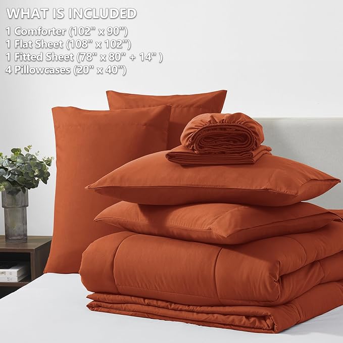 CozyLux King Size Comforter Set Terracotta, 7 Pieces Bed in a Bag, Burnt Orange Fall Comforter King Size, All Season Bedding Sets with Stitch Quilted Comforter, Flat Sheet, Fitted Sheet, Pillowcases