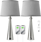 Seealle Modern Table Lamps Set of 2 - Touch Bedside Lamp for Nightstand with USB C+A,3-Way Dimmable Silver Nightstand Lamps for Living Room Bedroom End Table with Grey Shade(Bulb Included)