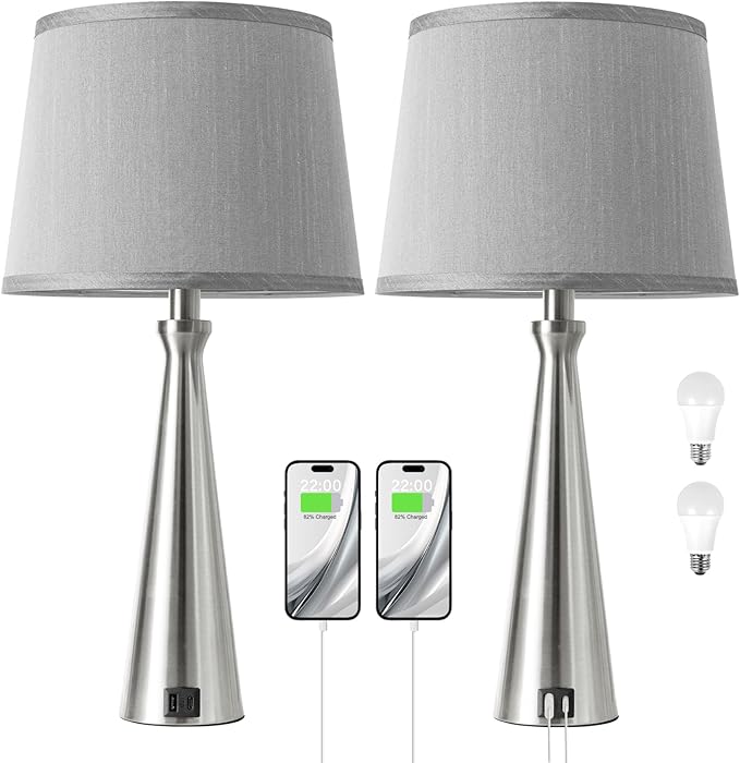 Seealle Modern Table Lamps Set of 2 - Touch Bedside Lamp for Nightstand with USB C+A,3-Way Dimmable Silver Nightstand Lamps for Living Room Bedroom End Table with Grey Shade(Bulb Included)