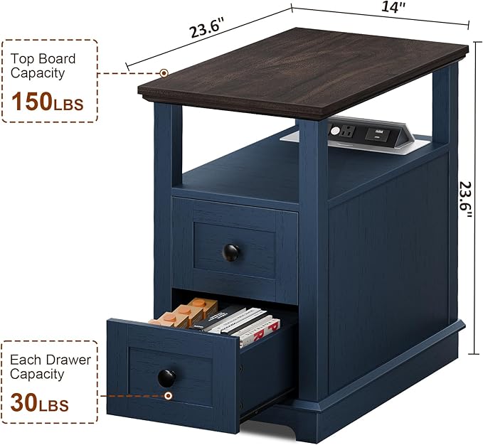 HIFYOBRO Narrow End Table with Flip Top Charging Station Set of 2, Side Table with 2 Drawers, Type-C & USB Port & Power outlets, Wooden Storage End Table for Living Room, Bedroom