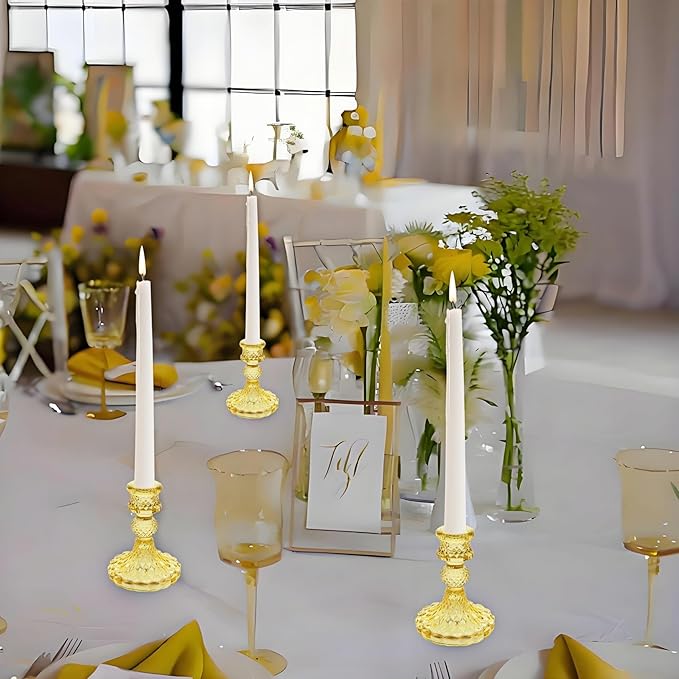 Glass Candlestick Holder,Striped Taper Candle Holders,Set of 6 Candle Stand for Table Centerpieces, Home Decor,Weddings,Festival and Parties (Yellow Dimond)