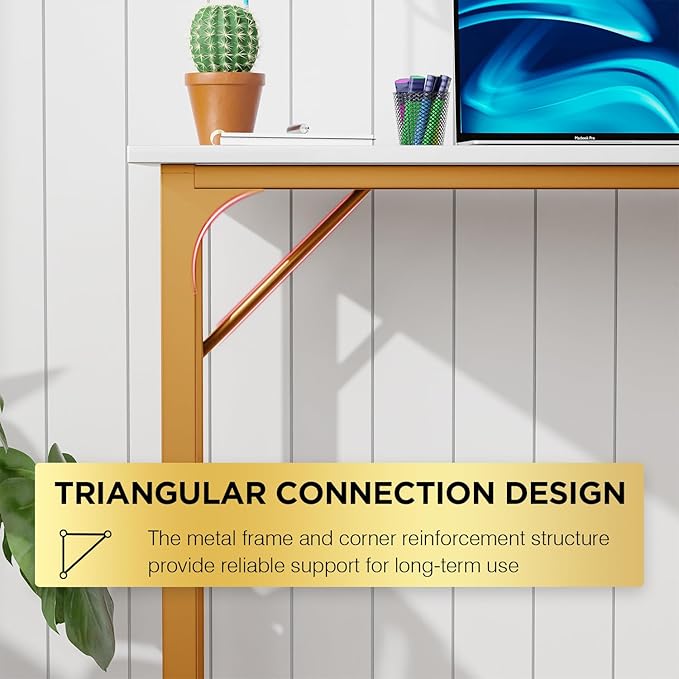 PayLessHere | 32 Inch Computer Desk | White Gold | Office Desk with Metal Frame, Adjustable Feet | Water-Resistant, Scratchproof Surface | Sturdy Writing Table for Home Office or Study | Pack of 1