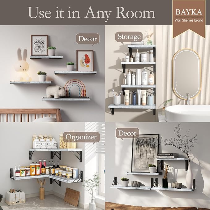 BAYKA Wall Shelves for Bedroom Decor, Floating Wall Shelves for Living Room Kitchen Storage, Wall Mounted Rustic Wood Floating Shelves for Kids Books, Corner Shelf for Bathroom(Gray White，Set of 4)
