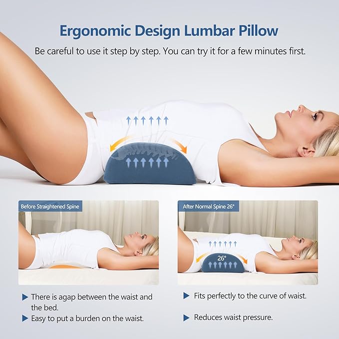 Lumbar Support Pillow for Sleeping Memory Foam Back Lumbar Support Cushion for Lower Back Pain Relief, Back Support Bed Pillow Waist Support Back Sleepers (Dark Blue)
