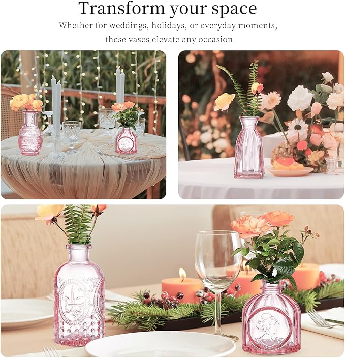 Glass Bud Vases Set of 16 - Pink Assorted Small Mini Glass Vases for Flowers, Crystal Vintage Vase Set, Bulk Centerpieces for Table Décor, Wedding, Home and Events (Pink, 16 Pcs)