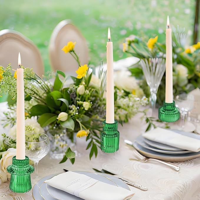 Double Sided Vintage Ribbed Taper Glass Candle Holders,Tea Candle Holder for Table Centerpieces, Wedding Decorations and Dinner Parties (Green, 6 PCS)