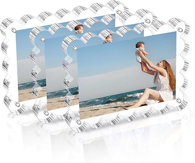 3 Pack Acrylic Picture Frame: 4x6inch Magnetic Picture Frames, Double Sided Magnet Frames,10+10mm Thick Block, Clear Photo Scalloped Frames Freestanding for Desktop Display (Clear, 4X6)