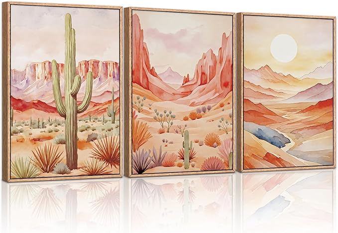 HLNIUC Boho Desert Plant Framed Canvas Wall Art Set,Southwestern Sun Mountain Wall Decor,Cactus Sunset Landscape Wall Painting,Watercolor Abstract Desert Art Prints for Living Room,Bedroom - 16”x24”x3