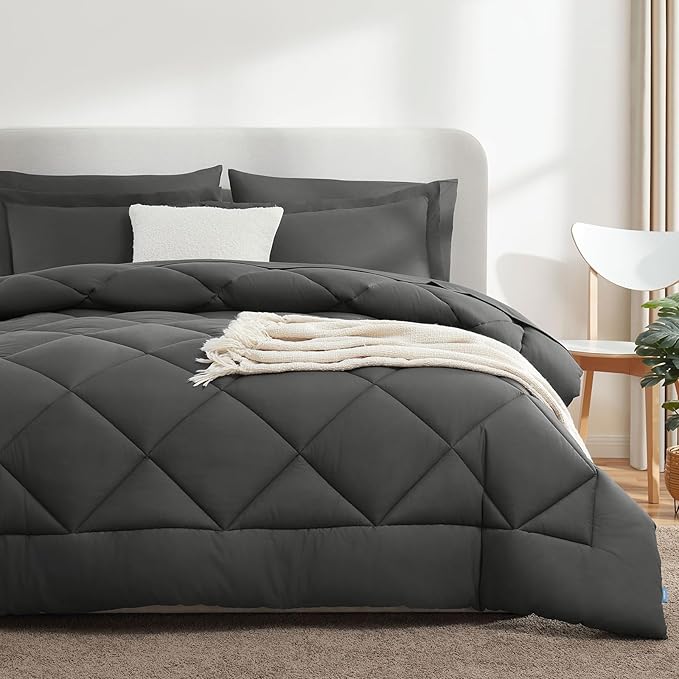 CozyLux Full Size Comforter Sets Dark Grey - 7 Pieces Bed in a Bag Full, Luxury Soft Bed Set for All Seasons, Bedding Set with Down Alternative Comforter, Sheets, Pillowcases & Shams
