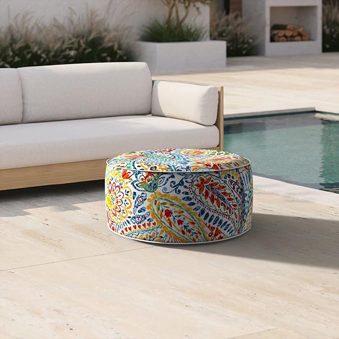 Inflatable Ottoman Stool D21 xH9 for Outdoor/Indoor Use, Water Repellent Patio Foot Rest Stool with Portable Handle,Round Pouf Ottoman Suitable for Garden,Deck and Camping - Paisley Multi