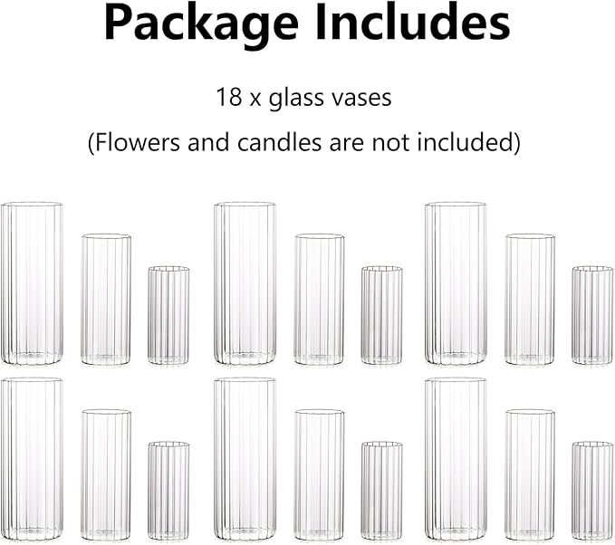 Hewory Glass Cylinder Ribbed Vases Set of 18, Tall Clear Vase for Centerpieces, Hurricane Candle Holders for Pillar or Floating Candles, Round Vases for Wedding Anniversary Events Home Table Decor