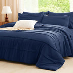 CozyLux Queen Comforter Set Navy Blue, 7 Pieces Soft Pinch Pleat Bed in a Bag Queen Comforter Set with Sheets, Boho Bed Set with Down Alternative Comforter, Sheets, Pillowcases & Shams