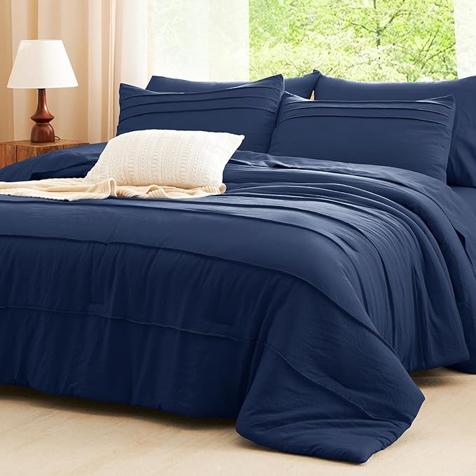 CozyLux King Size Comforter Set Navy Blue, 7 Pieces Soft Pinch Pleat Bed in a Bag King Comforter Set with Sheets, Boho Bed Set with Down Alternative Comforter, Sheets, Pillowcases & Shams
