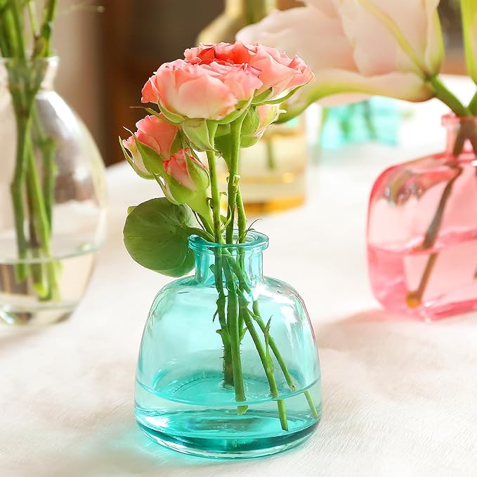Color Bud Vases in Bulk - Set of 24 Mini Glass Bud Vases for Centerpieces, Colored Glass Vases, Colorful Bud Vase Set, Small Vases for Flowers, Modern Vase for Home, Wedding, Party Table Decor