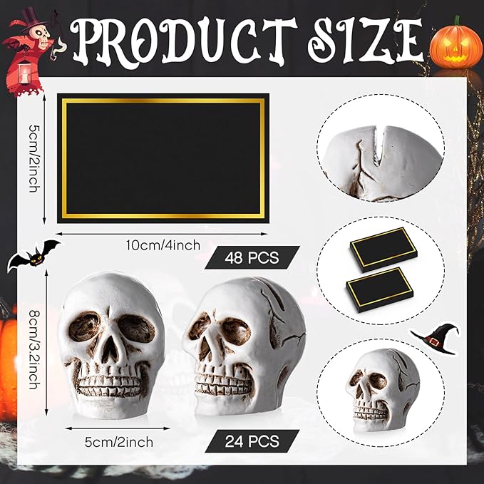 24 Set Halloween Skull Place Card Holders with 48 Pcs Place Cards Resin Small Skull Head Table Number Holders Clips Photo Stand Centerpieces for Halloween Party Wedding Birthday Decorations