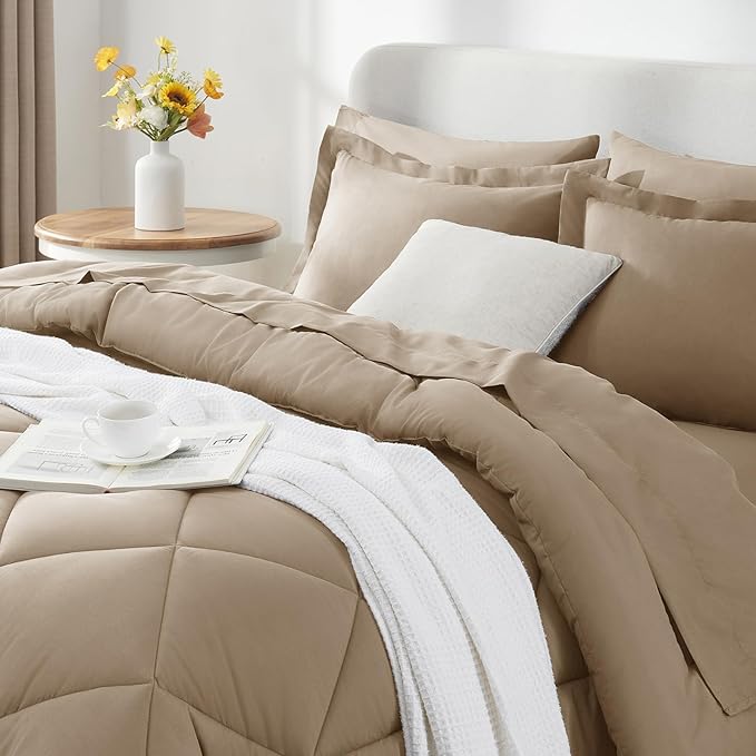 CozyLux King Size Comforter Set Taupe - 7 Pieces Bed in a Bag King, Luxury Soft Bed Set for All Seasons, Bedding Set with Down Alternative Comforter, Sheets, Pillowcases & Shams