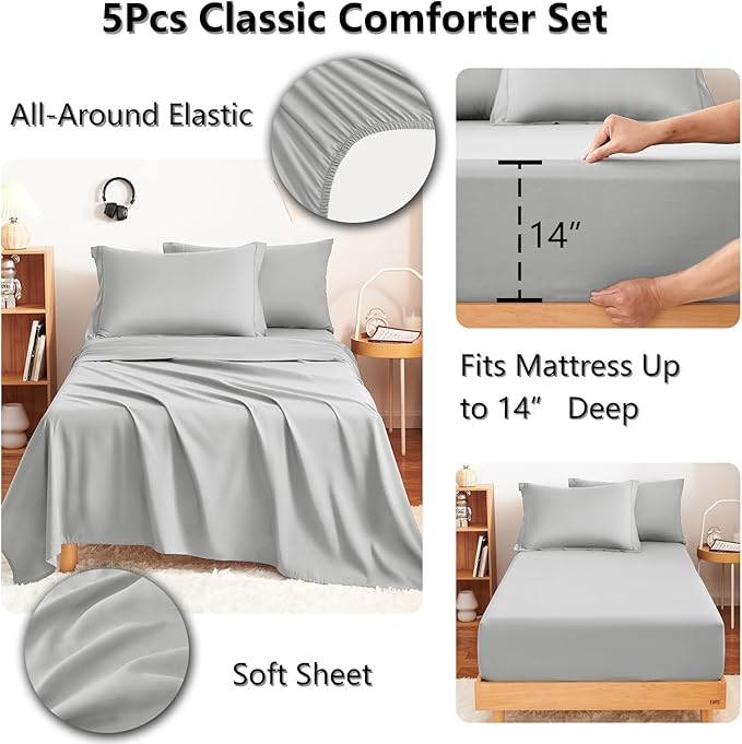 CozyLux Twin Comforter Set with Sheets Light Grey - 5 Pieces Bed in a Bag Twin, All Season Bed Set for Girls and Boys, Bedding Set with Down Alternative Comforter, Sheets, Pillowcase & Sham