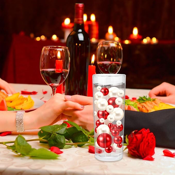 200PCS Red White Faux Pearls Beads for Centerpiece Vases, Vase Filler Faux Pearls, No Holes Filler Beads for Party Anniversary Birthday Wedding Table Decor, 10/14/20/30mm