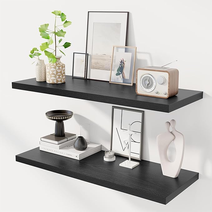 36" Floating Shelves for Wall, 12" Deep Slim Black Floating Shelves, Wall-Mounted Shelves for Bedroom, Living Room, Kitchen, Bathroom - Set of 2