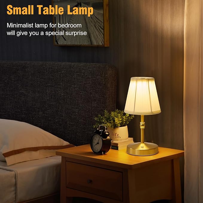 5w Led Cordless Mini Lamps,3000 mah Battery Operated Lamp,3 Color Temperature Dimmable Table Lamp,Gold Rechargeable Table Lamp Fabric,Aesthetic Small kitchen Lamp for Counter,Restaurant,Bar,H9.8"