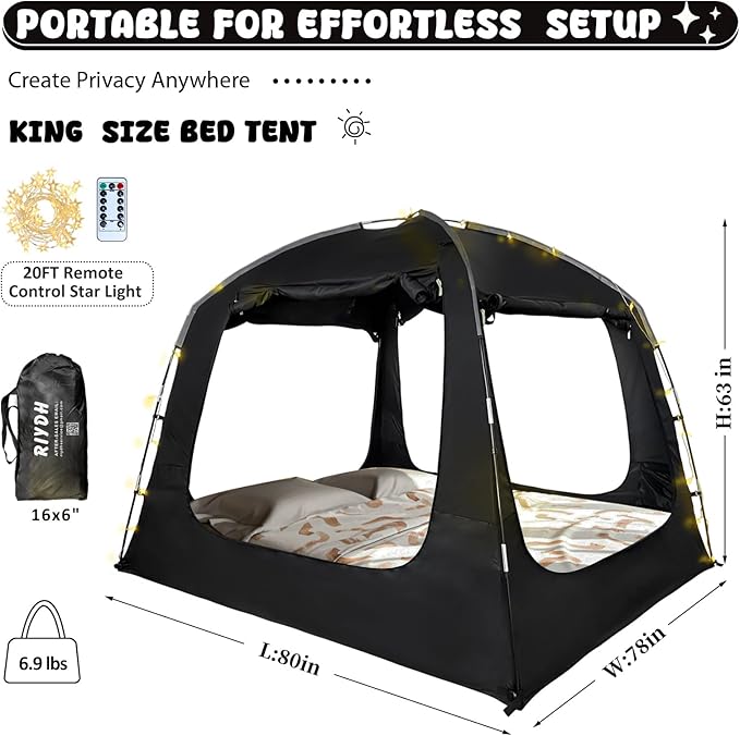 Bed Tent Bed Canopy Breathable 100% for Adult and Kids Light Reduction Sleeping Dream Tents Indoor Portable Big Space with String Light 4 Doors Twin Full Queen King Size