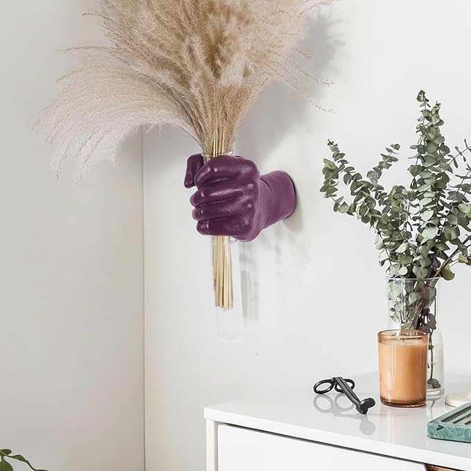 Creative Wall Hanging Sculpture, Artistic Wall Hanging Hand Sculpture with Test Tube vases, Home Decoration Hand Against Wall (Purple)