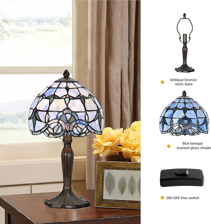 TL0006 Tiffany Lamp Baroque Design Stained Glass Table Lamp for Living Room Bedroom Bedside Nightstand Home Office, 8" D x 14.25" H, LED Bulb Included (Blue Baroque)