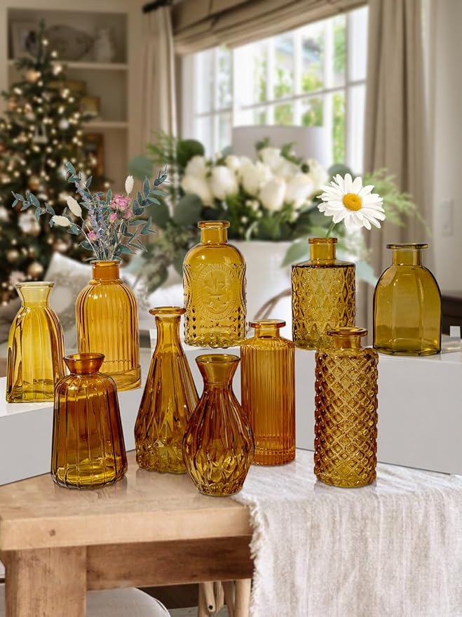 Glass Bud Vases Set of 10, Small Flower Vase in Bulk for Centerpieces, Mini Vintage Amber Vases for Rustic Wedding Vintage Home Table Decor
