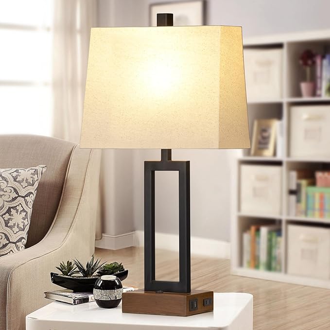 Table Lamp for Bedroom Set of 2 with 2 USB Ports and AC Power Outlet, 23.5" Modern Bedside Lamp, Wood Nightstand Lamp with Linen Shade for Living Room Hotel Desk(LED Bulb Included)