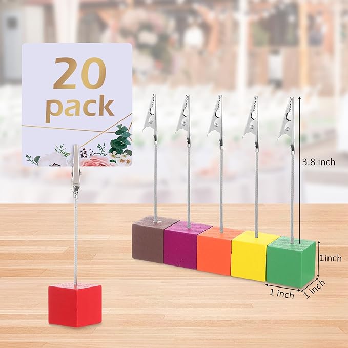 20 Pcs Cube Base Memo Clip Holder with Alligator Clip Wood Table Number Holder Cube Base Place Card Stand Mini Photo Menu Stand for Displaying Number Card(Multi Color)