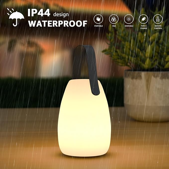 uuffoo 2 Pack Portable Outdoor Table Lamp - Dimmable Rechargeable Night Lights w/ Remote and 7 RGB Colors, IP44 Water-Resistant Hanging Lantern for Patio, Tent, Bedroom, Garden, Emergency